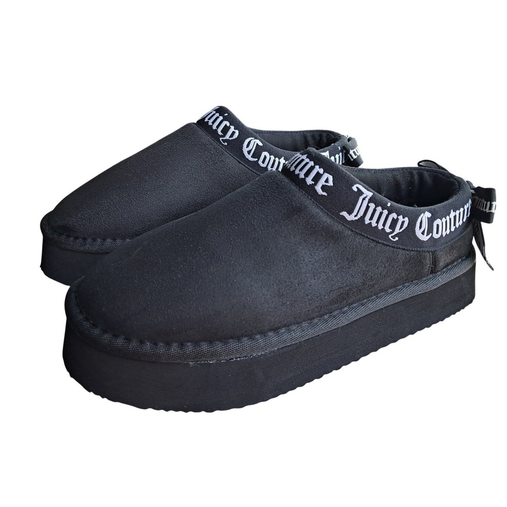 Juicy Couture Black Platform Slippers Logo Tape Bow Rhinestone Heart Charm 5.5/6